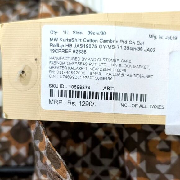 Fabindia Geometric Print Cotton Kurta Shirt Mandarin Collar roll-up tab Slim Fit - Picture 8 of 9